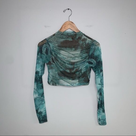 PrettyLittleThing Crop Top Size 4 Emerald Long Sleeve Chinese Dragon Mesh Ruched - Picture 2 of 8